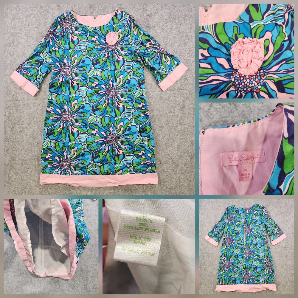 Lilly Pulitzer Dress Womens 14 Floral Shift 3/4 Sleeve Back Zip Rosette 20026G